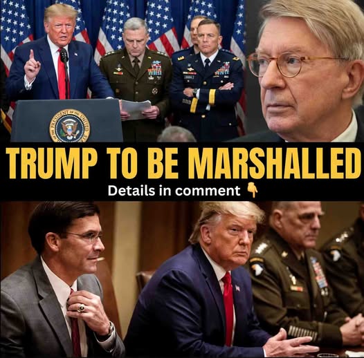 Military commanders stand with Trump at podium as text reads 'Trump to be marshalled' discussing military commanders Trump criticism
