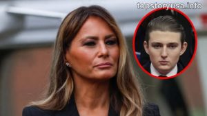 Melania Trump concerned expression with inset photo of Barron Trump, alarming news headline about Melania and Barron NYU