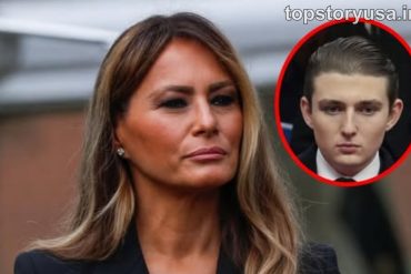 Melania Trump concerned expression with inset photo of Barron Trump, alarming news headline about Melania and Barron NYU