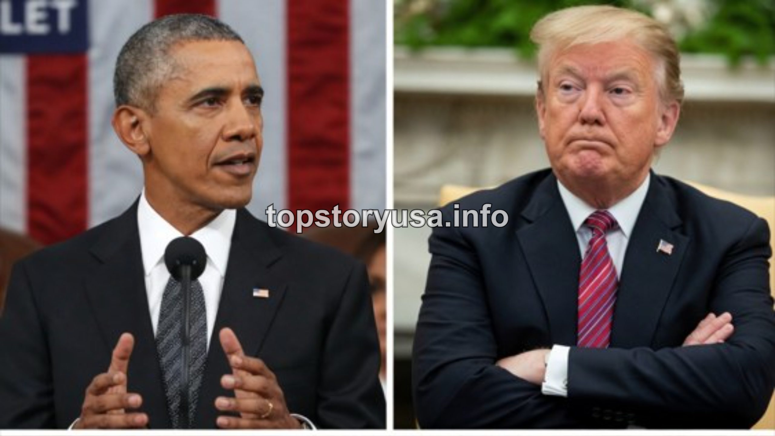 Trump Obama discussion comparison showing two U.S. presidents in formal settings with breaking news banner