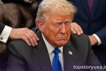 Donald Trump seated with hands placed on shoulders by pastors during prayer meeting with religious leaders