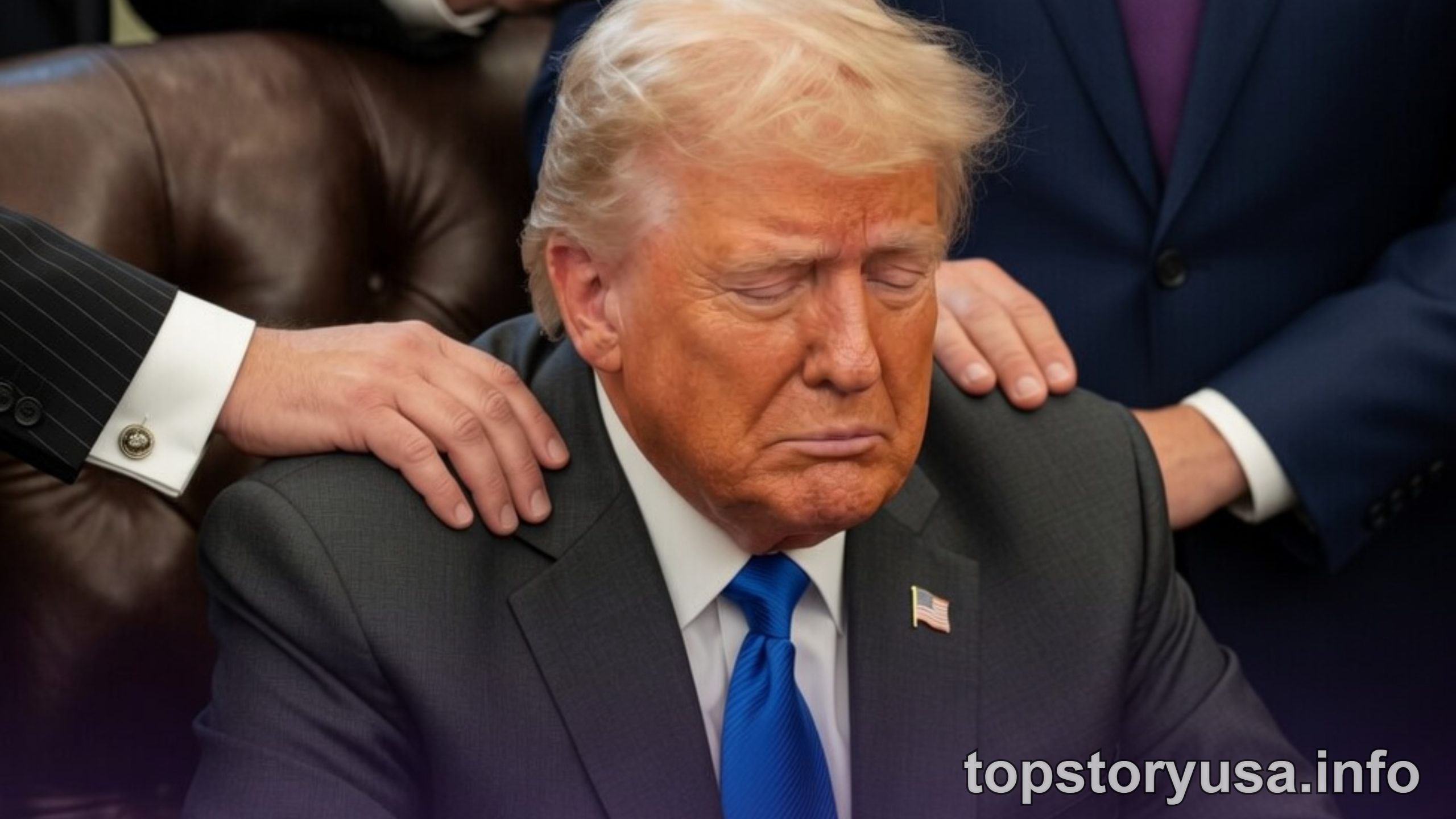 Donald Trump seated with hands placed on shoulders by pastors during prayer meeting with religious leaders