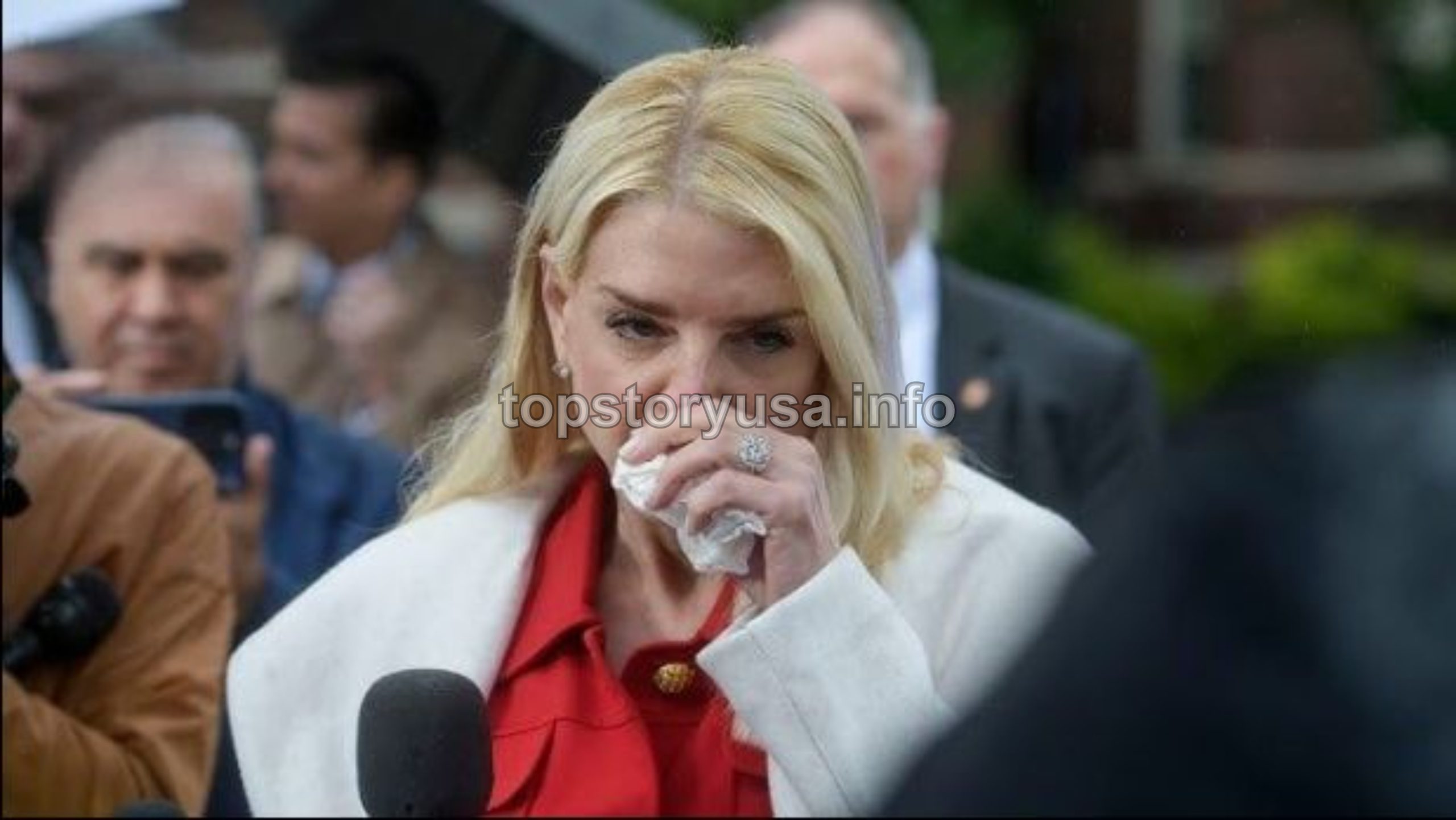 Woman in red blouse and white blazer speaking at podium about Florida confirmation reform during outdoor political event