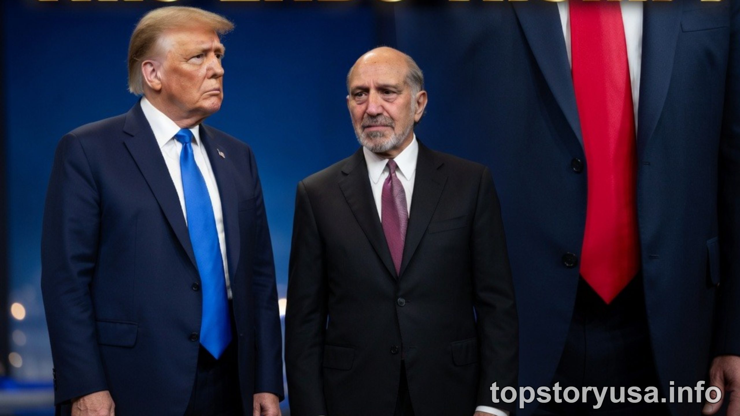 Two men in formal business attire standing together at official event with American flag backdrop