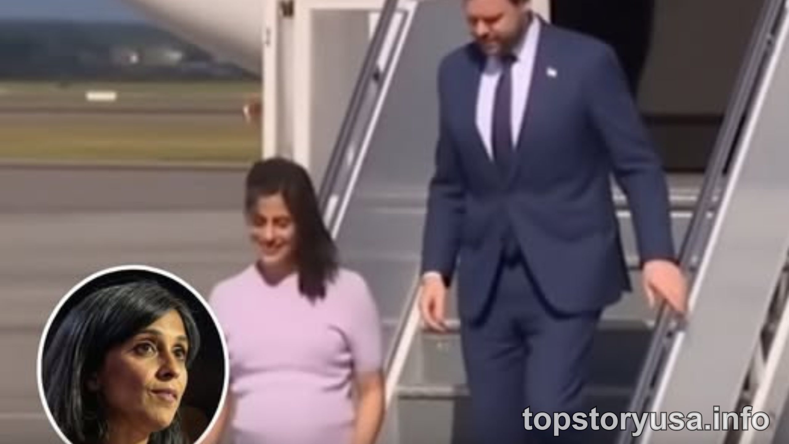JD Vance viral video showing man in navy suit descending airplane stairs with woman in pink