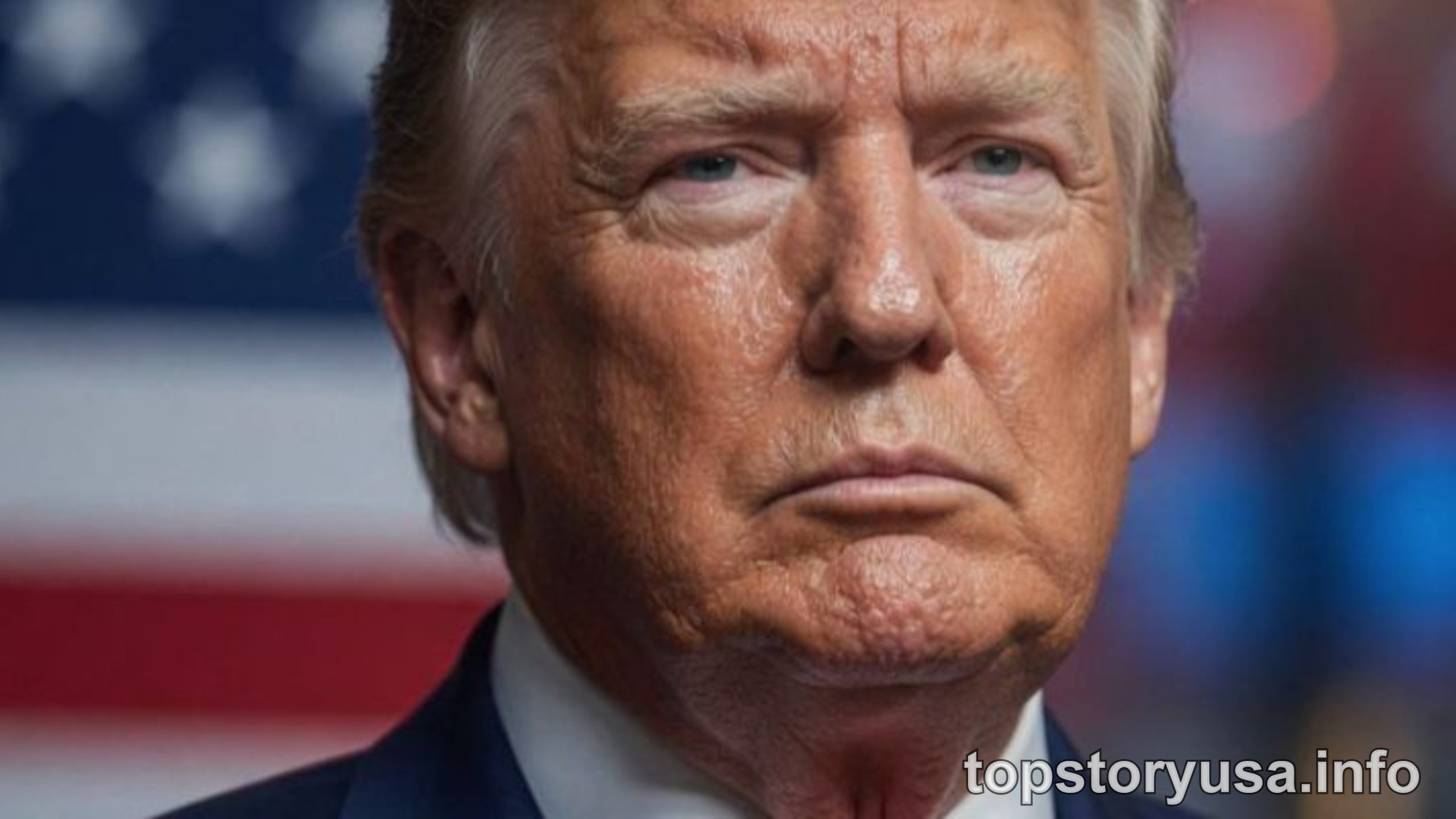 Donald Trump serious expression with American flag background - Breaking news about signed executive order