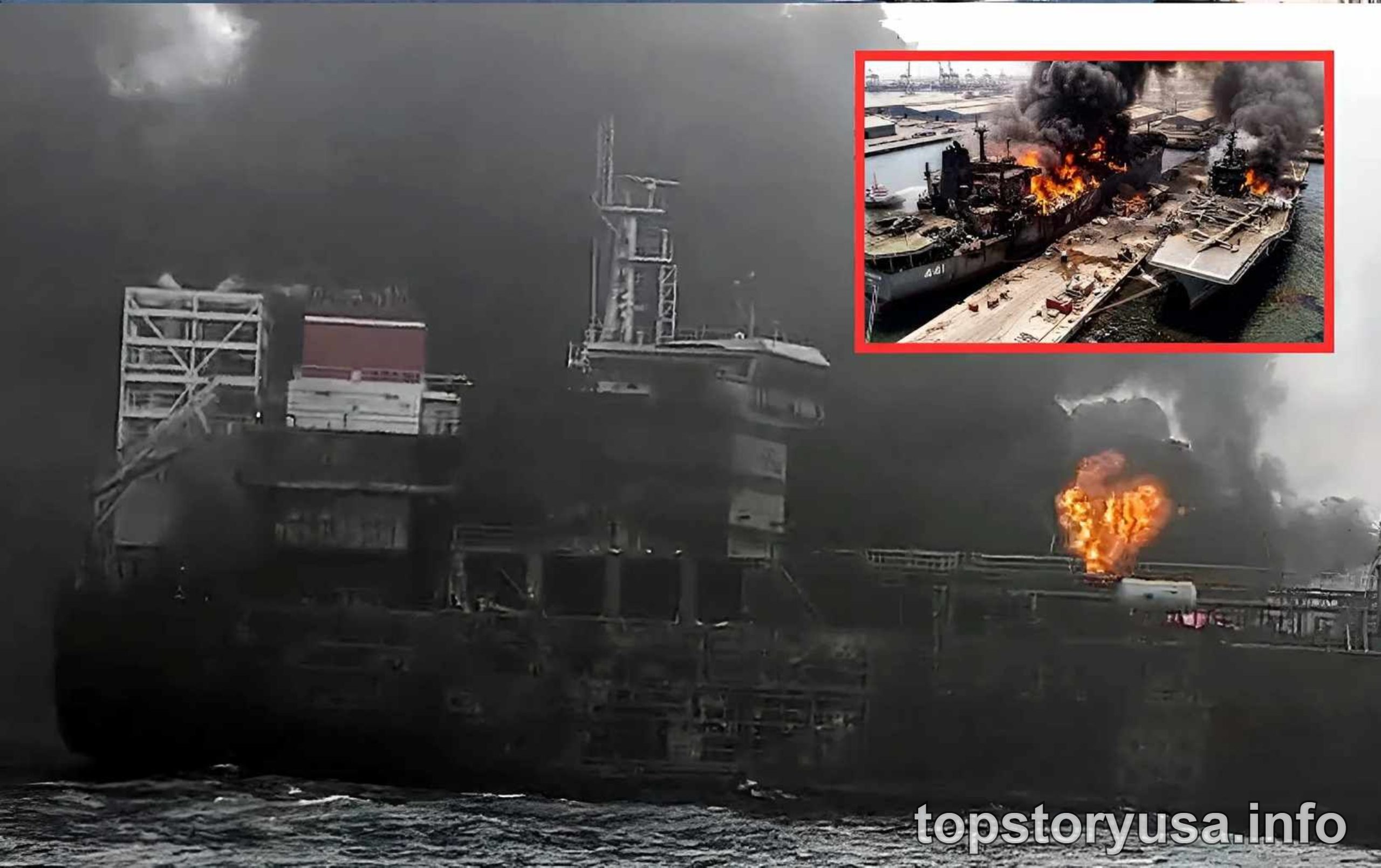 Military cargo ship engulfed in flames and smoke during combat strike, showing explosion on vessel deck