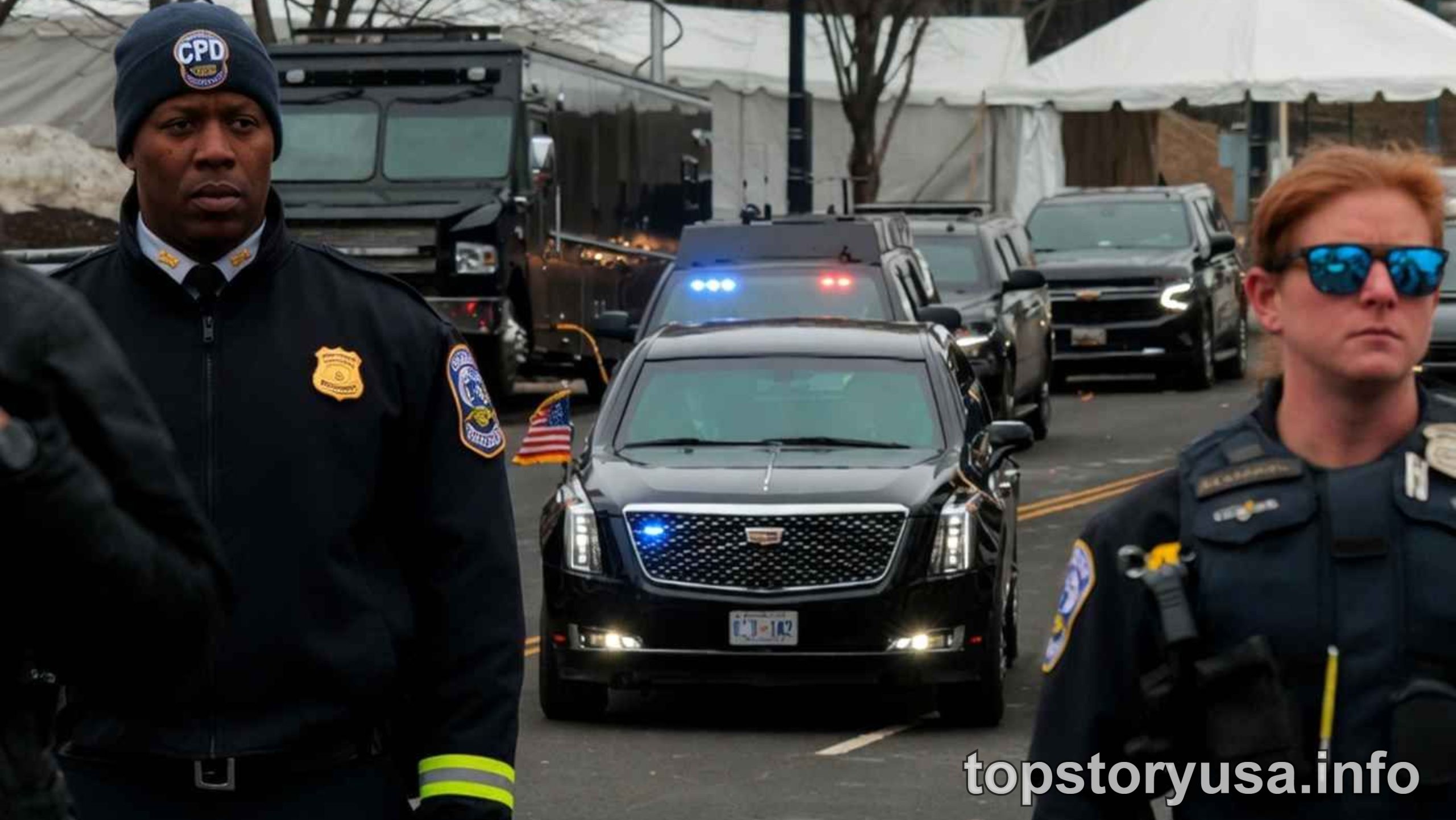 Law enforcement officials stand guard near security motorcade as more details released on man who opened fire near Vance motorcade