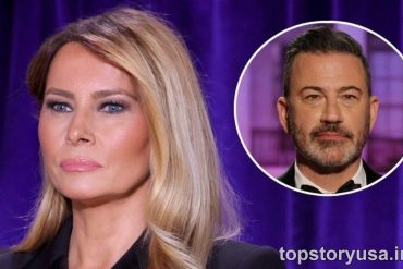 Woman in black blazer with inset circle showing man in suit, text about Jimmy Kimmel Melania Trump joke controversy