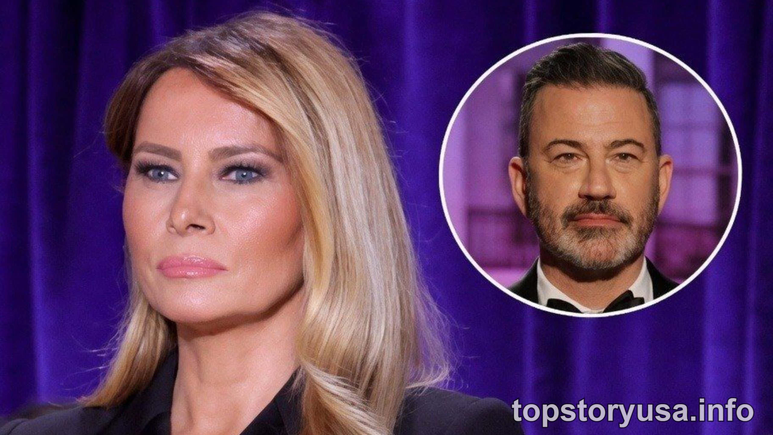 Woman in black blazer with inset circle showing man in suit, text about Jimmy Kimmel Melania Trump joke controversy